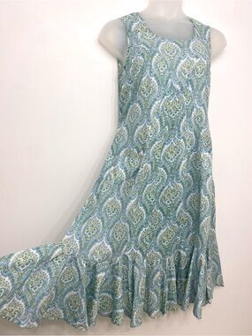 April Cornell Paisley Floral Cotton Midi Dress Blue Green Tie Waist Women's M